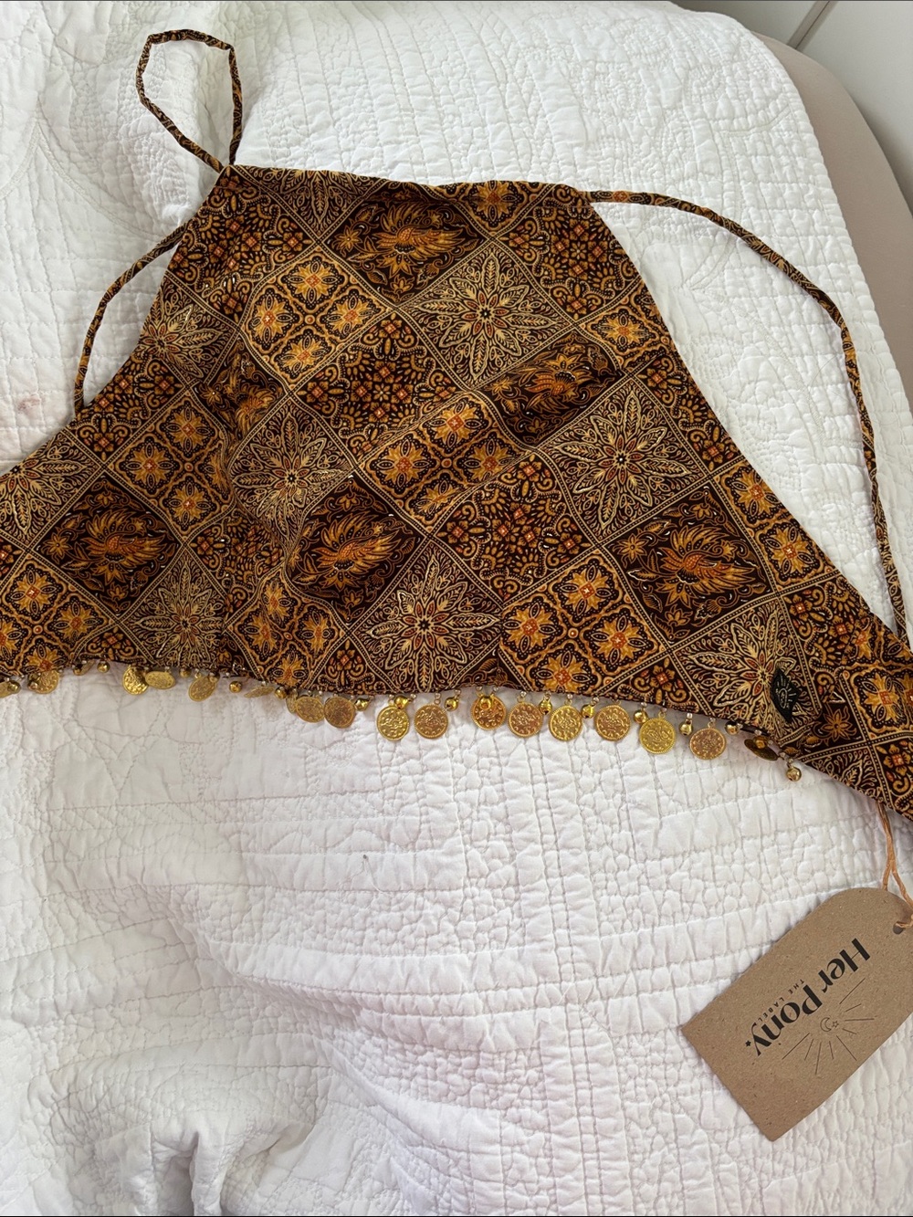 Her Pony Brown & Gold Mosaic Halter Top with Coin Trim